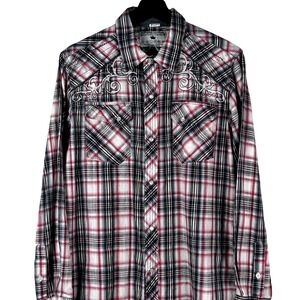 Pop Icon Clothing Buckle Mens Small Red Black Plaid Pearl Snap Western Shirt Y2K
